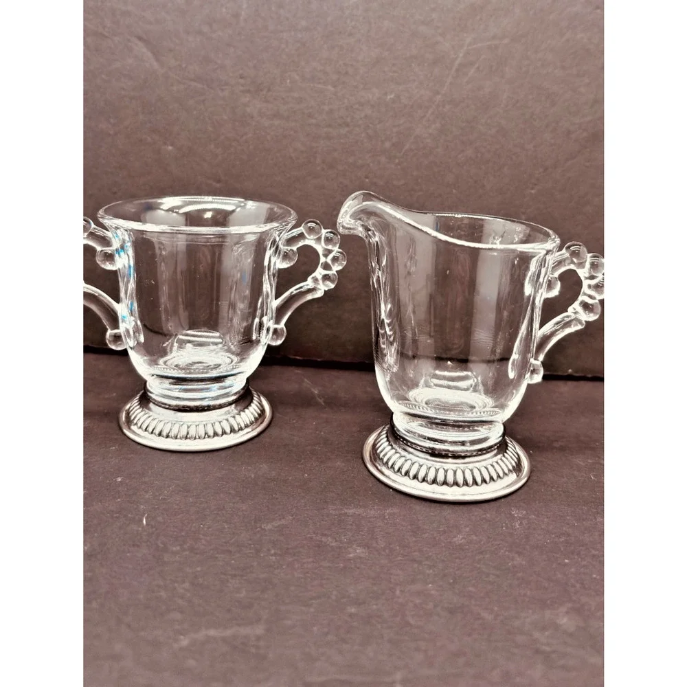 Imperial Glass Candlewick Cream & Sugar Sterling Silver Non-weigted Bases